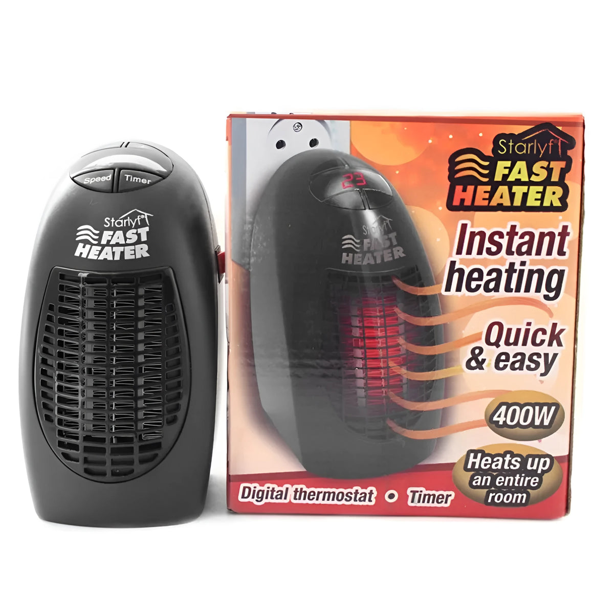 Black compact ceramic electric heater with digital display and rotating three-prong plug on a white background.