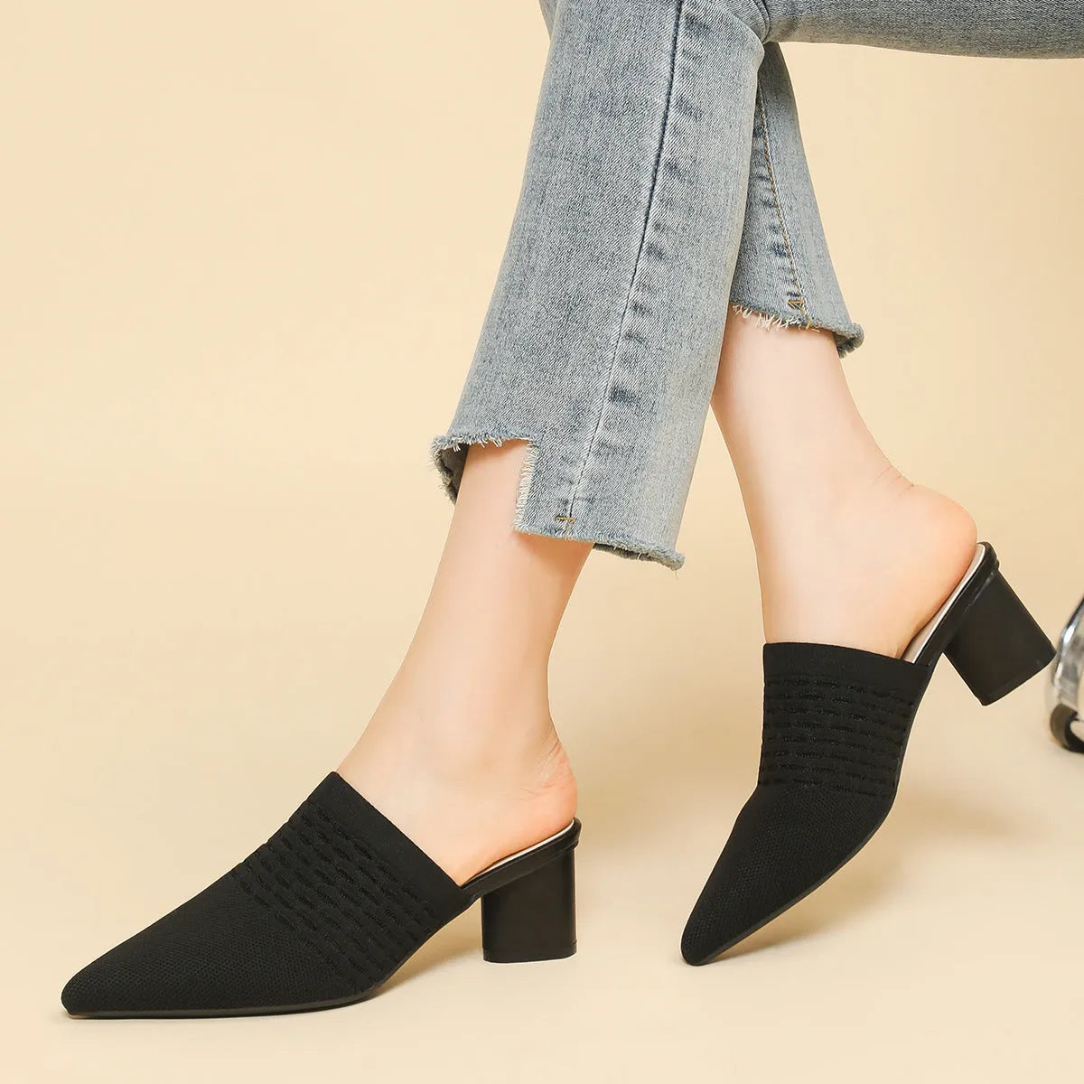 Women's pointed toe cap sandals with chunky 5cm heel in fishing line colours on rubber sole