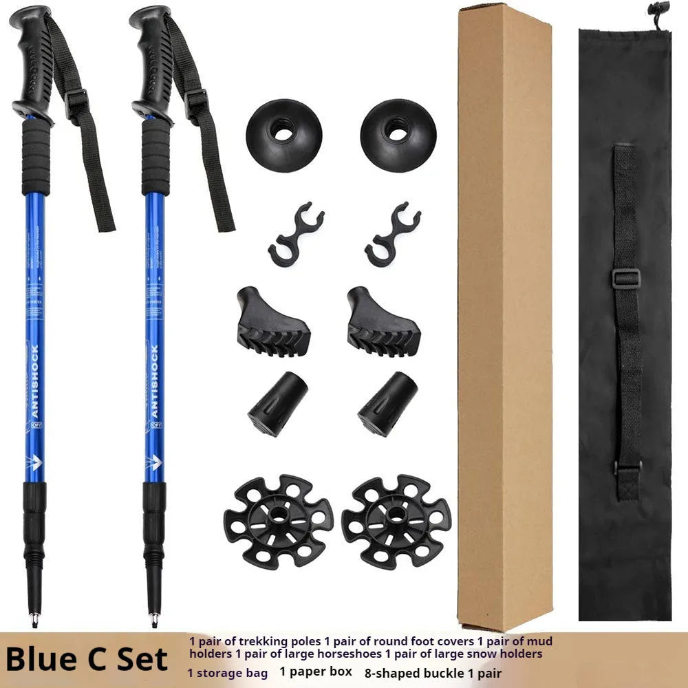Aluminium alloy outdoor trekking poles with three straight handles and adjustable length, shown with snow holder attachments