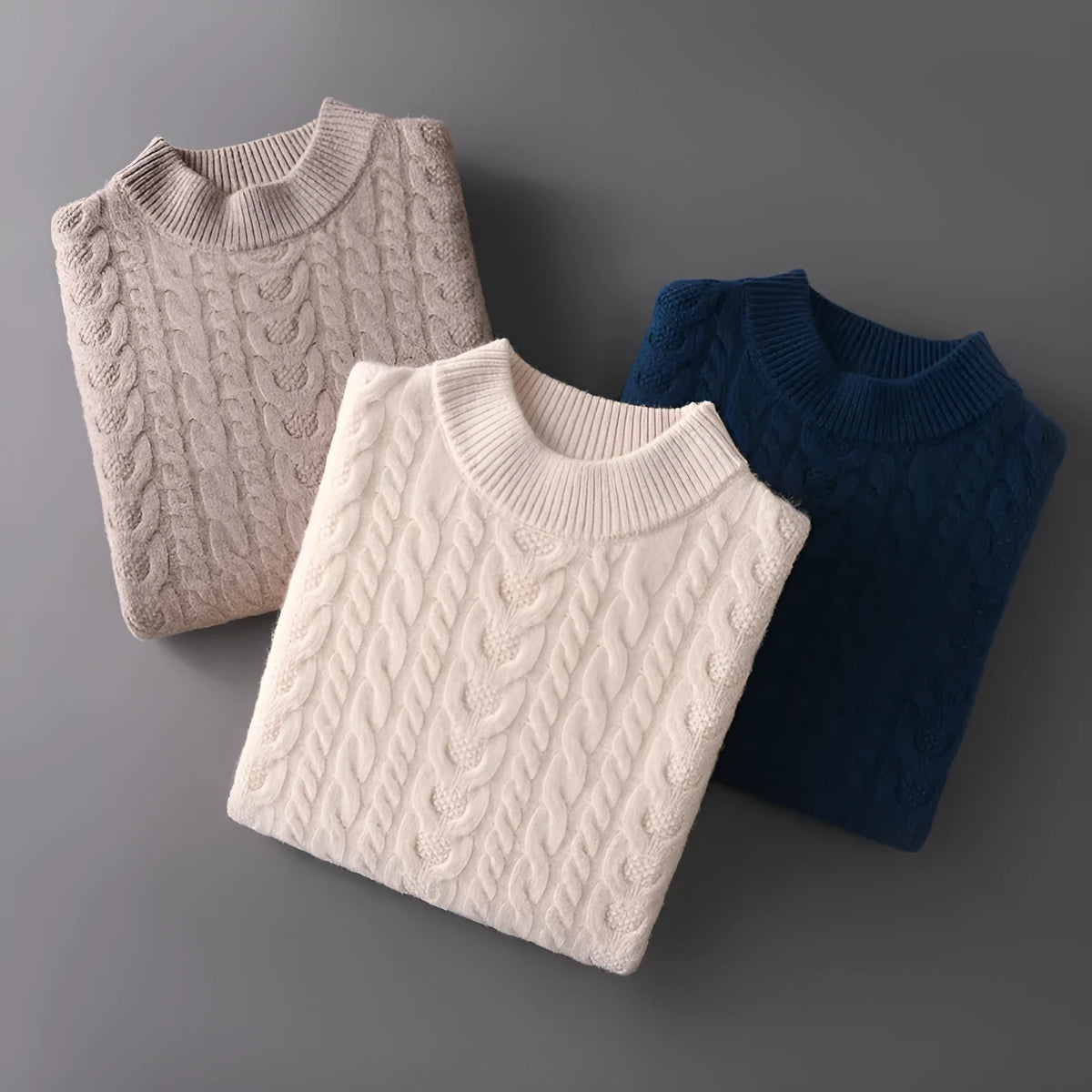 Men's wool sweater with half turtleneck and cable knit in navy blue, beige, or camel, fitted pullover, sizes S-XXXL