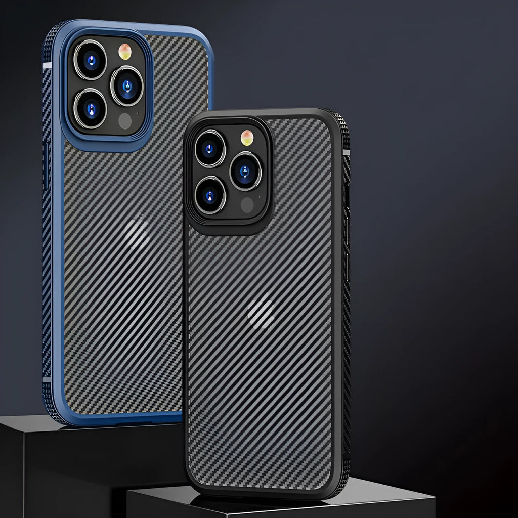 Black and blue carbon fibre pattern anti-fall protective case for Apple iPhone 13, 13 Pro, and 13 Pro Max phones