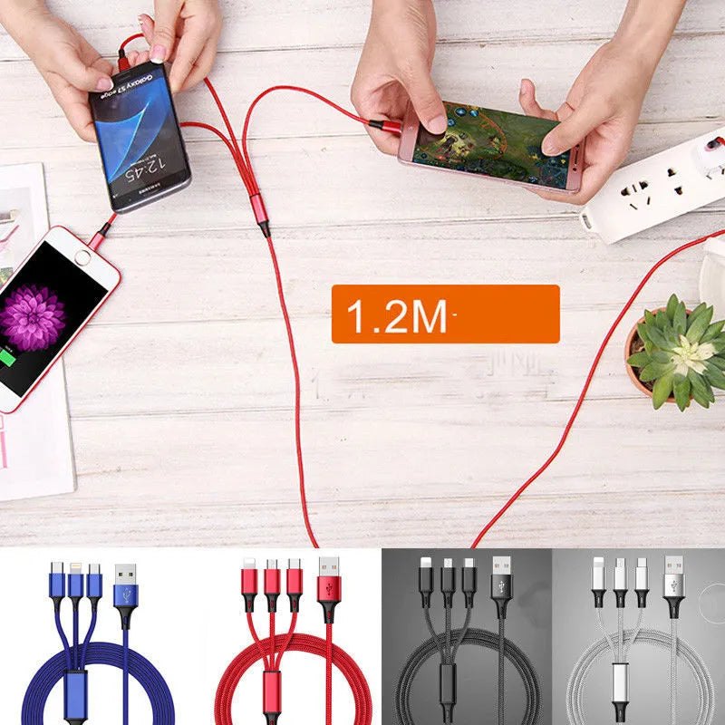 Braided 3-in-1 universal charging cable with aluminium alloy connectors for iPhone Android and Type-C devices