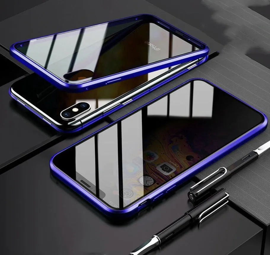 Geometric patterned glass clamshell case for iPhone in multiple colour options on a dark surface.