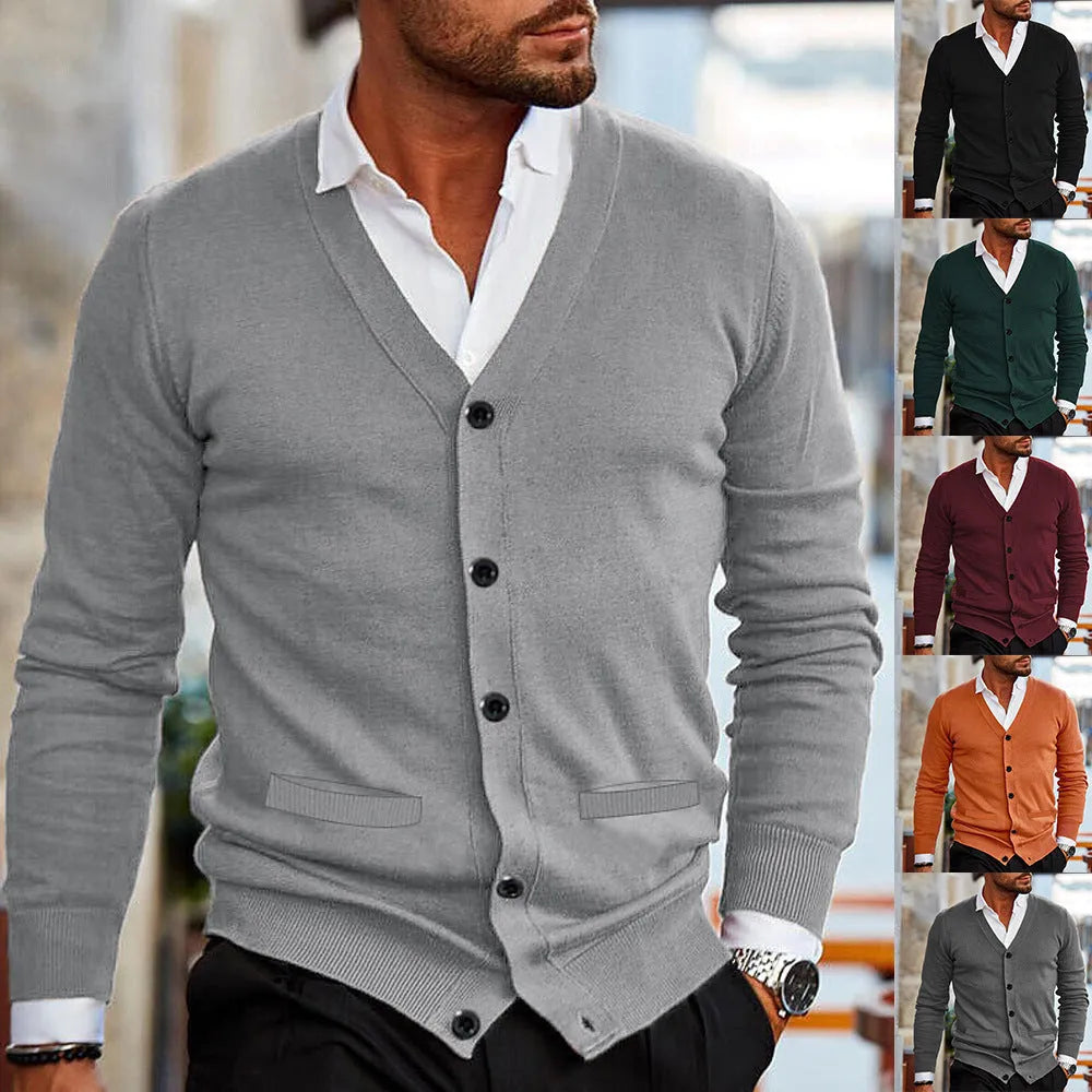 Men's V-neck slim fit knit cardigan with double-sided pockets in black, acrylic, autumn winter wear