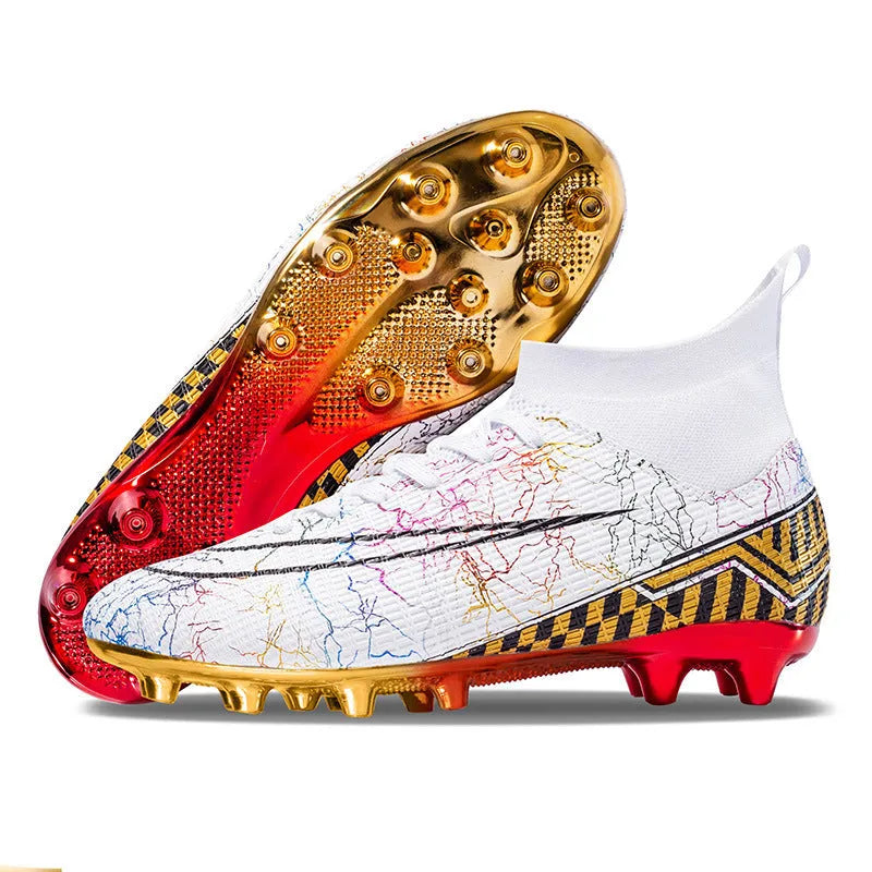 High-top soccer training shoes with gold bottom detail on artificial grass surface