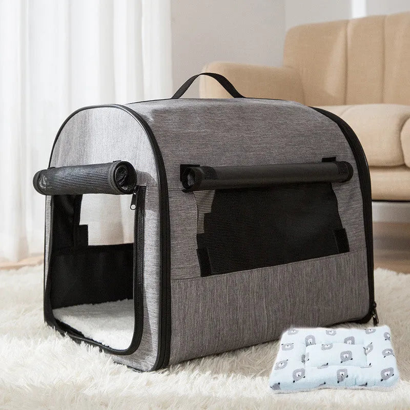 Hippie Dog portable dog carrier in grey with breathable mesh side and roll-up sunshade on top