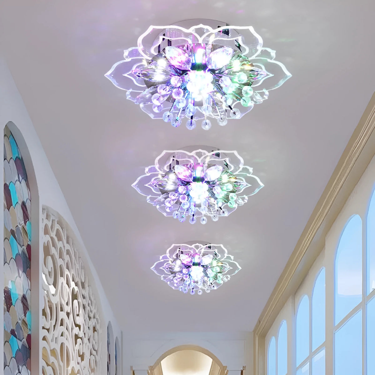 Small modern crystal ceiling lamp with flower-shaped shade and LED lighting