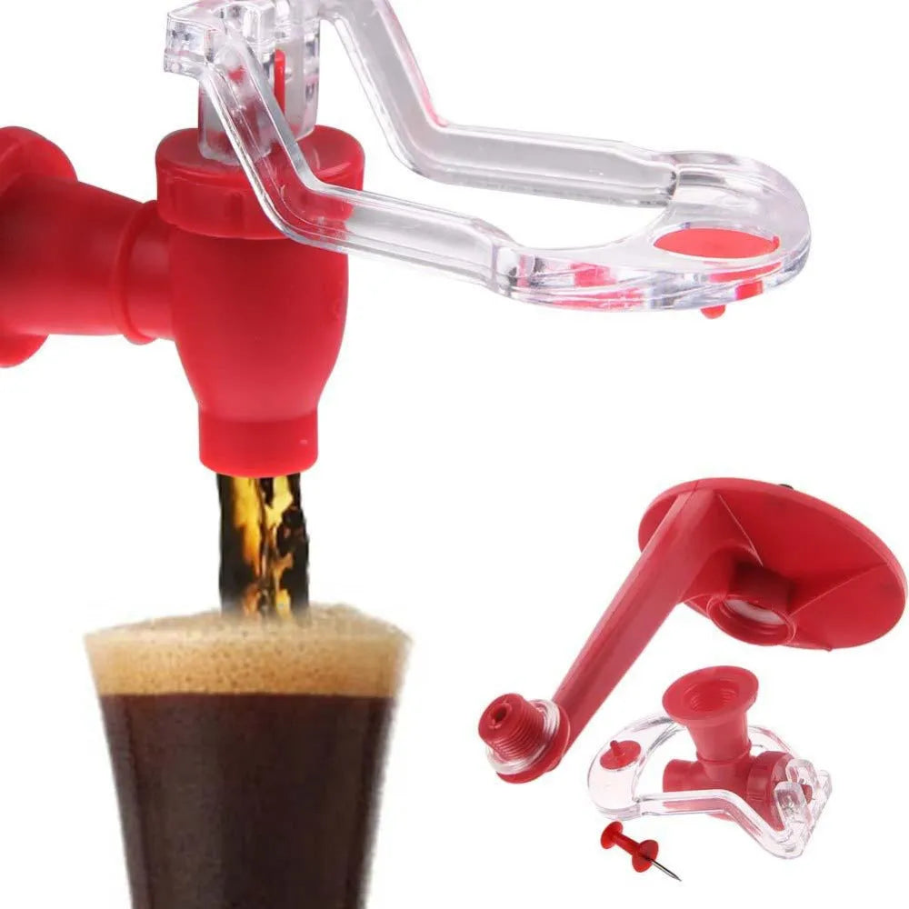 Red plastic Magic Tap soda dispenser for 2-litre bottles, 15 cm high, 10 cm diameter, with push-in tap.