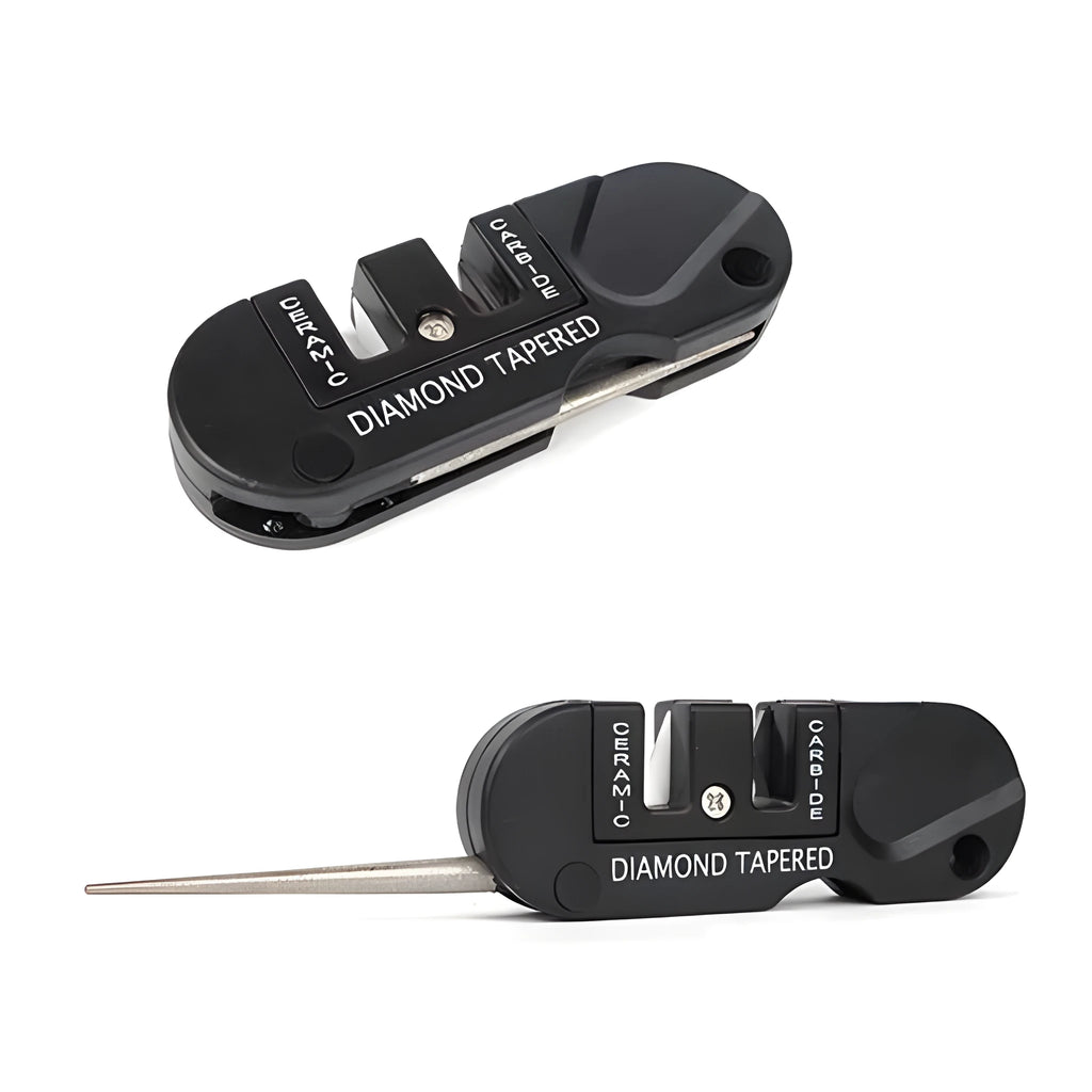 Pocket Pal compact knife sharpening tool in Black colour showing fold-out carbide blades ceramic stone and diamond rod