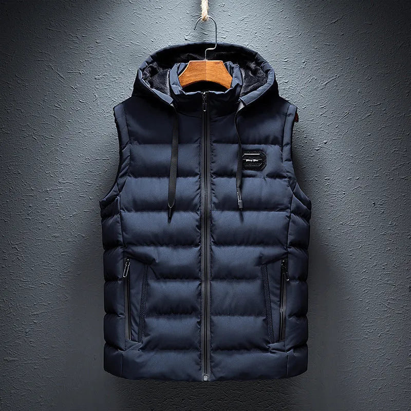 Men's slim waistcoat cotton-padded jacket with zipped pockets, straight hem and cardigan front, shown in solid colour