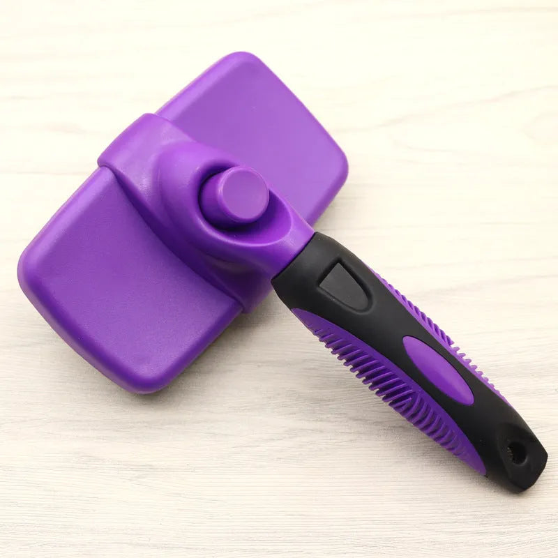 Cat and dog grooming needle comb with stainless steel teeth and dark green ABS TPR handle on white background