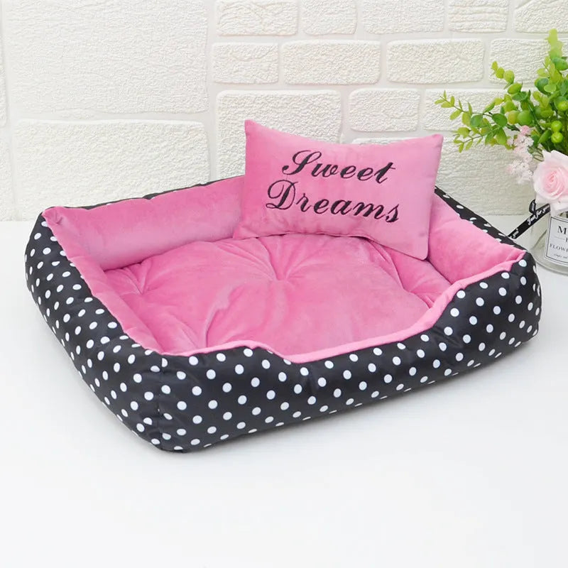 Polka dot print square cloth dog bed for small dogs with matching embroidery pillow in grey colour.
