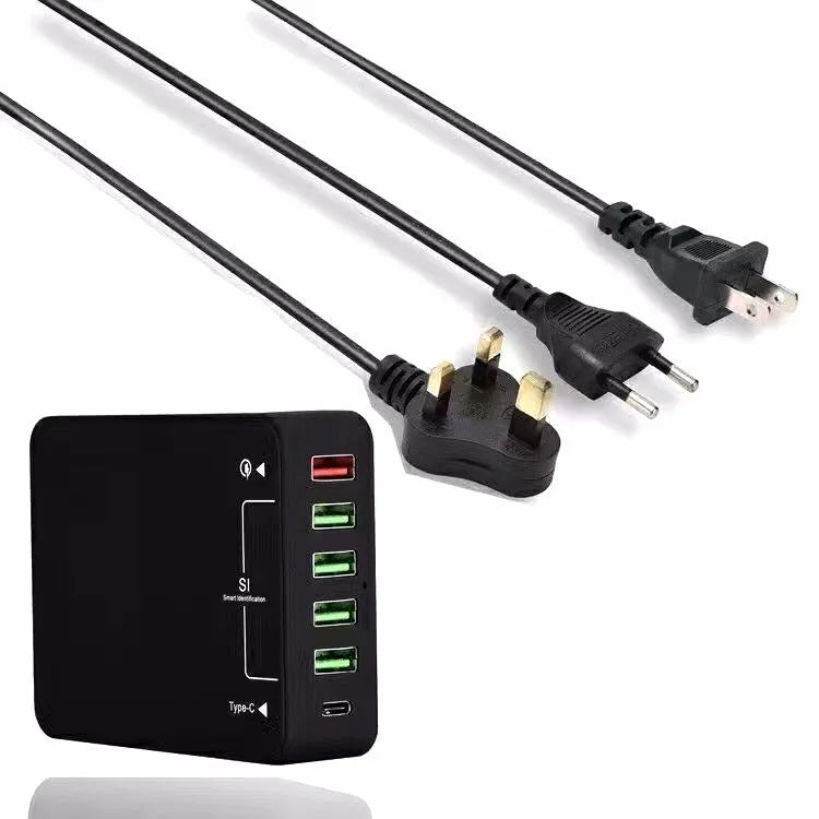 Black multi-port USB mobile phone charger with direct charging 8000mA output