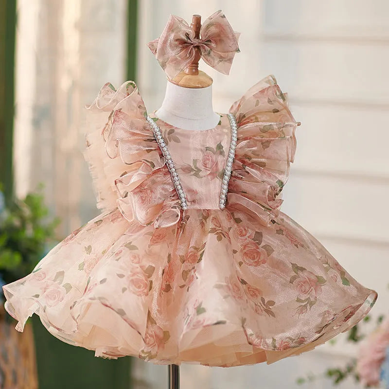 Girls' Super Mori pettiskirt dress in picture colour with matching headpiece, available in heights 80cm to 160cm
