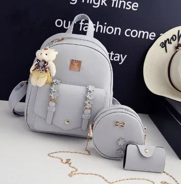 Floral three-piece bag set for women including backpack, shoulder bag and card bag in PU leather