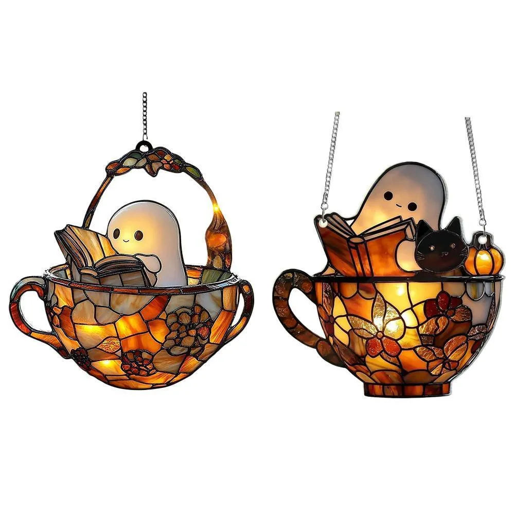 Acrylic ghost reading book suncatcher pendant in American style, available in three ghost designs