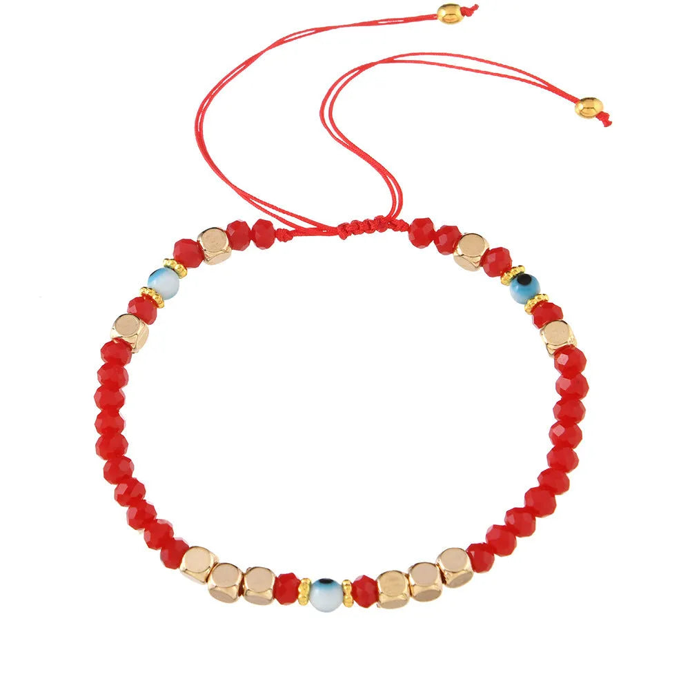 Red hand-woven artificial crystal beaded couple bracelet with geometric eye design in ins style