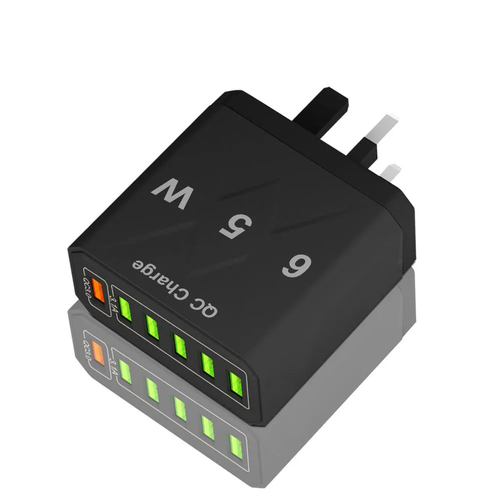 6-USB fast charger PC ABS plastic in black colour with UK plug