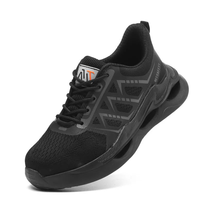 Black low-top safety shoes with a flat knitted upper, steel toe cap, and lace-up front.