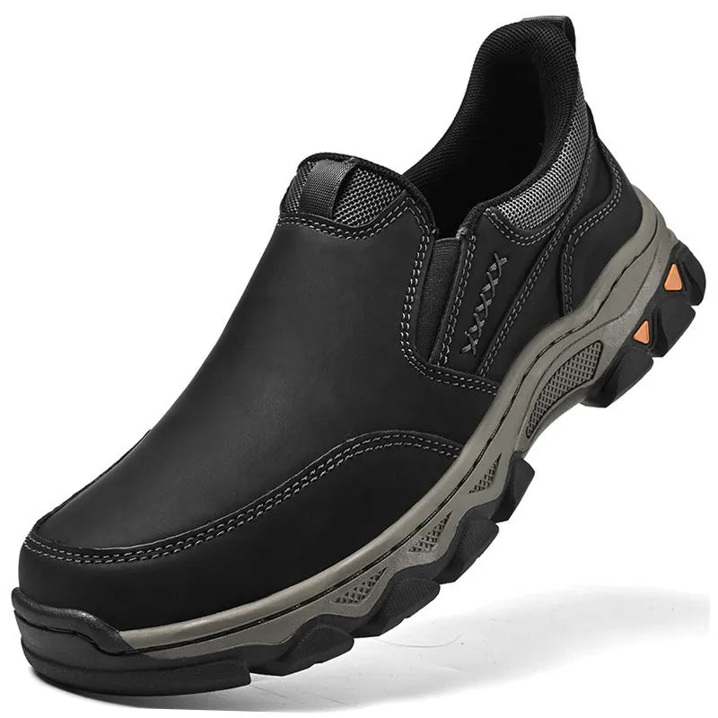 Men's dark brown casual leather-look shoes with round toe and flat rubber sole