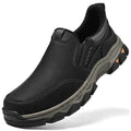 Men's dark brown casual leather-look shoes with round toe and flat rubber sole