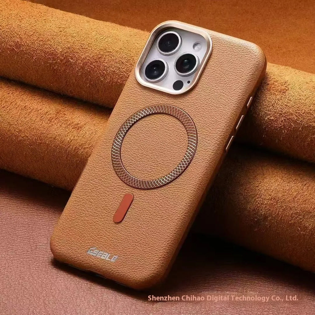 Triangle shield magnetic suction phone case for iPhone 15 in black imitation leather with embossed finish