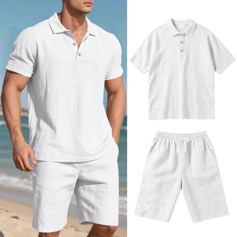 Men's light blue linen blend summer shirt and shorts set on hanger