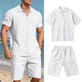 Men's light blue linen blend summer shirt and shorts set on hanger