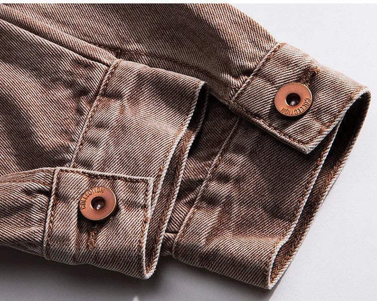 Men's vintage denim jacket in brownish red, loose fit, cross detail, lapel collar, cotton denim, sizes M-5XL.