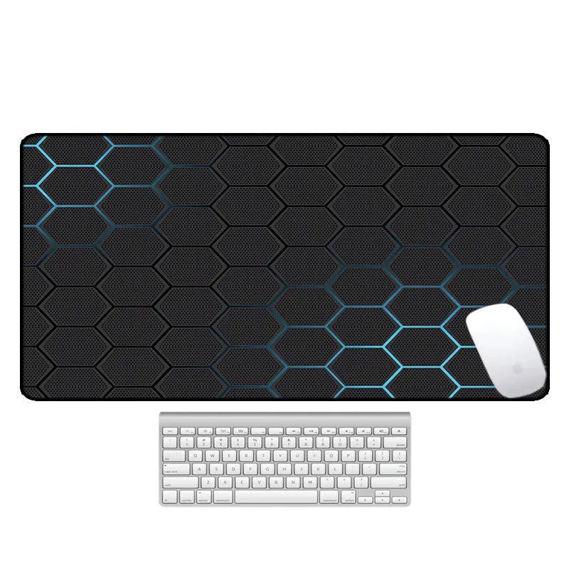 Large rectangular desk pad with printed pattern and natural rubber non-slip base for office or gaming desks.