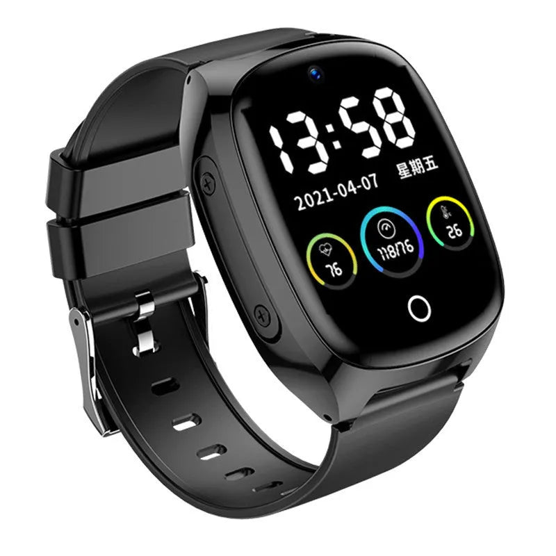 Black GPS smartwatch with touch screen showing SOS alarm and health monitoring functions