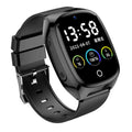 Black GPS smartwatch with touch screen showing SOS alarm and health monitoring functions