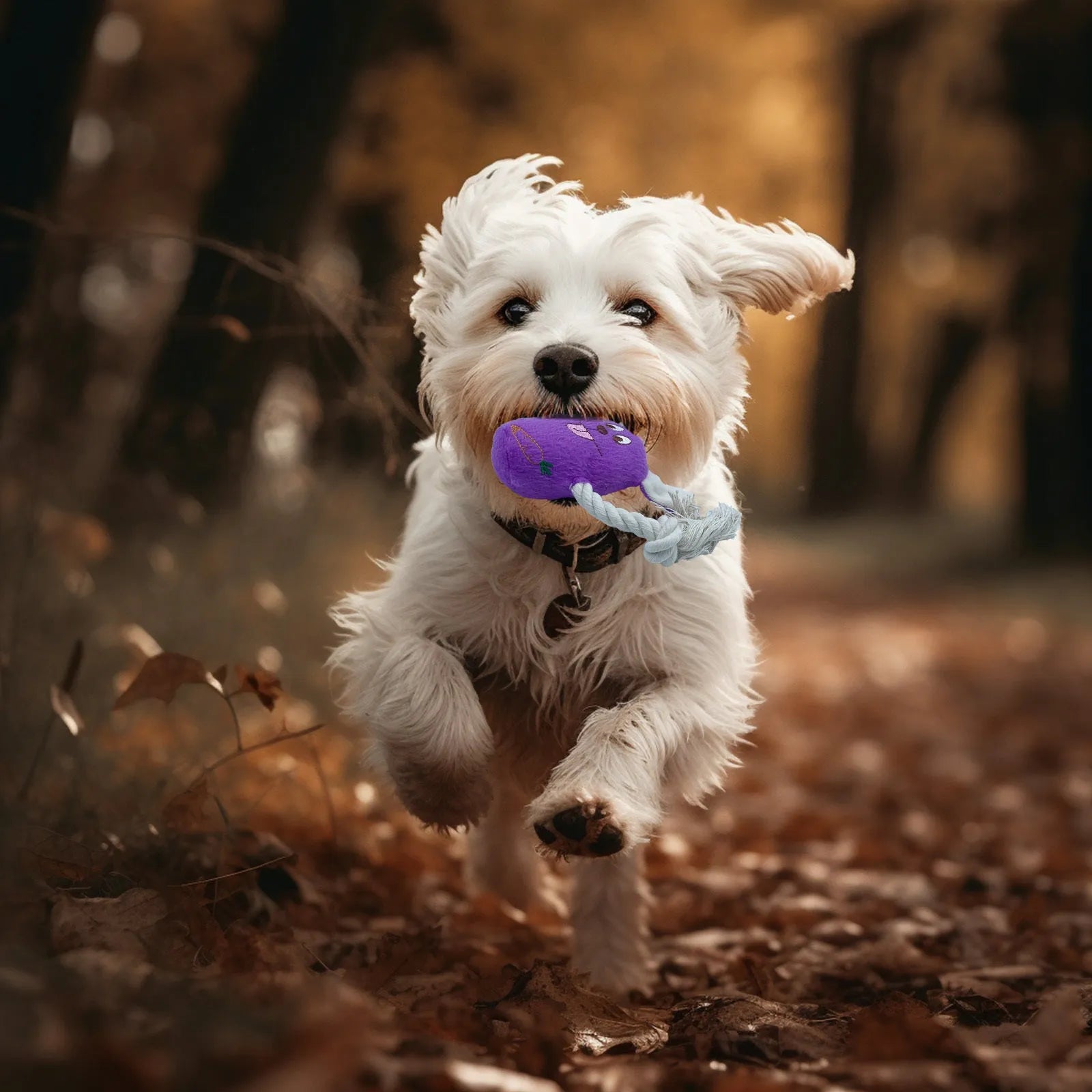 Blue teddy dog toy with a bone model and corn fleece lining for bite-resistant play.