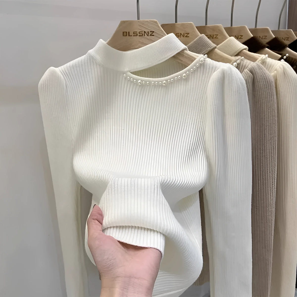 Women's half turtleneck beaded pullover top with long flying sleeves in beige, black, khaki or grey