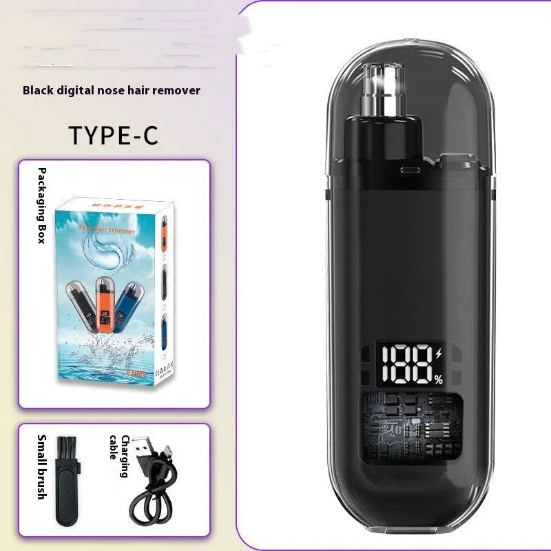 Rechargeable nose hair trimmer with removable cutter head and digital display in black, blue or orange options