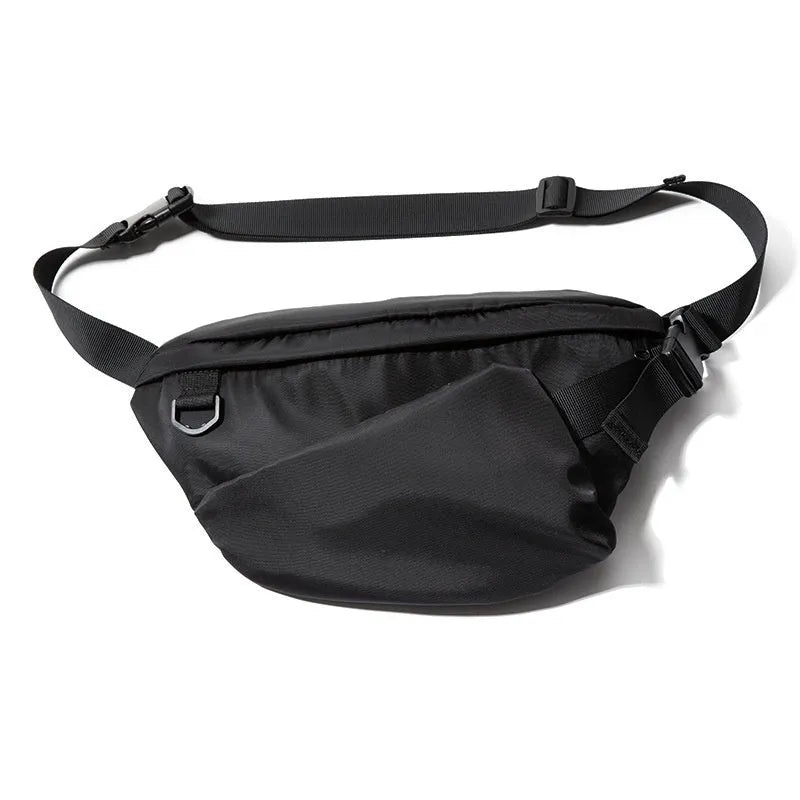 Black men's Japanese leisure slanted chest bag with visible sewing lines on Oxford fabric
