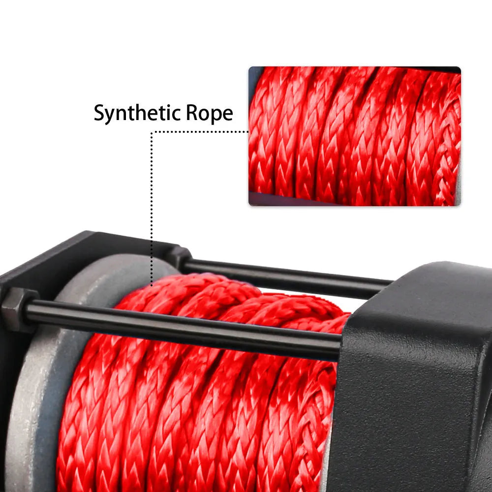 3000 pound electric winch with nylon rope, black, for off-road vehicle recovery, with mounting plate and remote controls