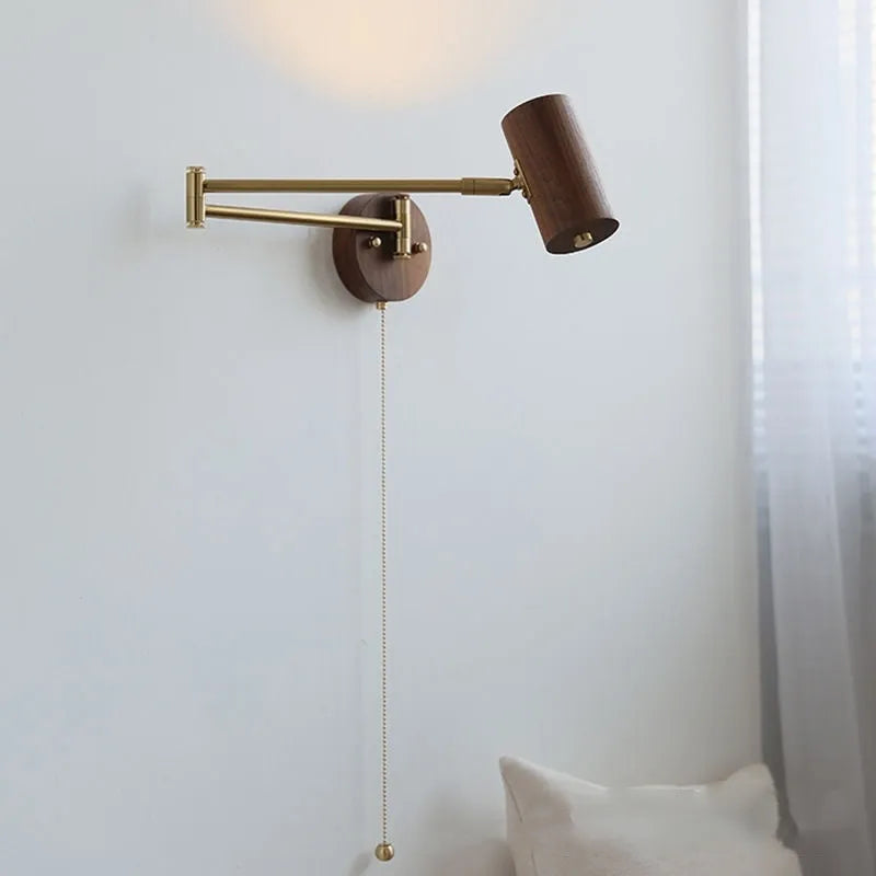 Retro-style rotating wall lamp with adjustable arm and integrated cord switch in walnut or wood finish