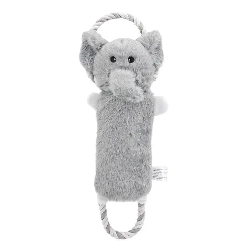 Plush dog toy shaped like zebra with rope and squeaker on white background