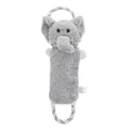 Plush dog toy shaped like zebra with rope and squeaker on white background