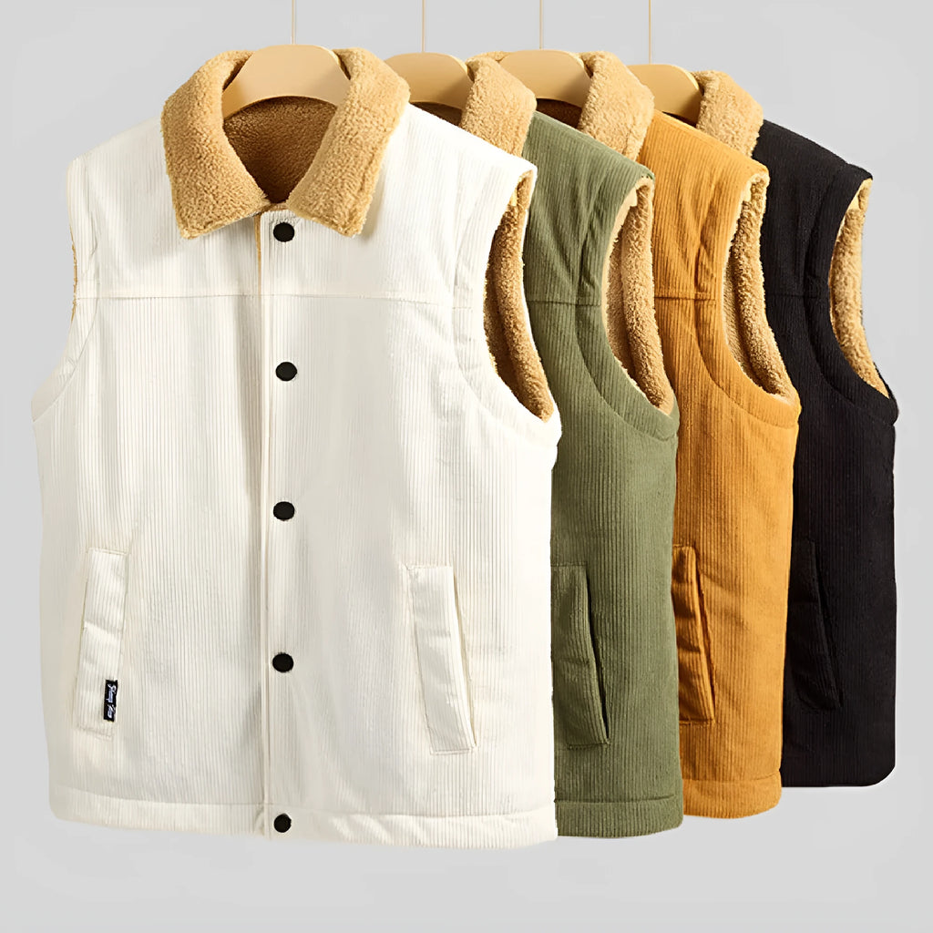 Men's corduroy flip collar warm jacket in Army Green, full zip, polyester fibre fill