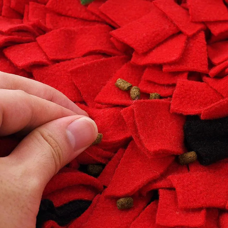 Red and green strawberry-shaped pet sniffing mat for slow feeding dogs and cats