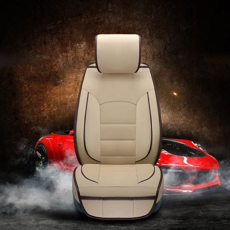 Five-seat car seat cushion cover set in leather-style material with cotton filler, available in multiple colours