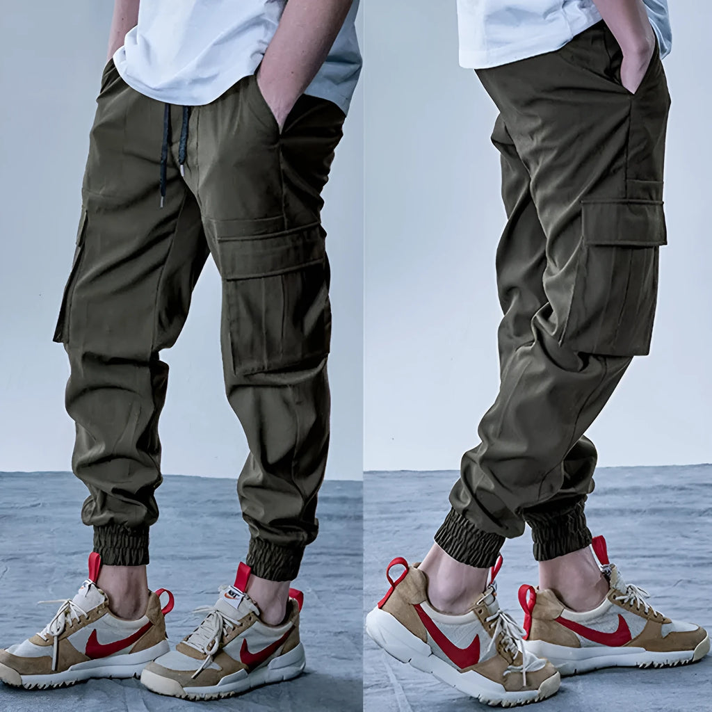 Men's loose sports trousers in plus velvet knitted polyester, army green, with double waist and tether closure.