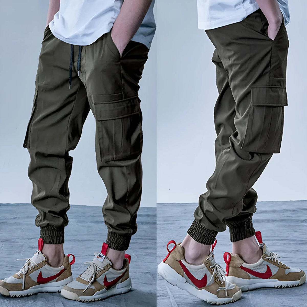 Men's loose sports trousers in plus velvet knitted polyester, army green, with double waist and tether closure.