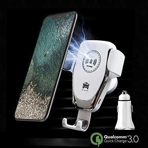 Black car wireless charger mount holding iPhone with automatic clamping arms on car vent