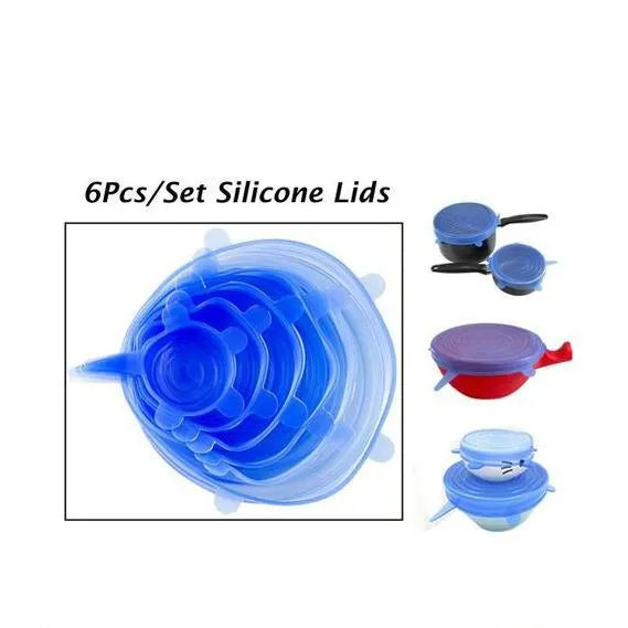 Scute Lids reusable silicone stretch lids in round and square shapes, various sizes and colours including blue, green, pink, white and yellow.