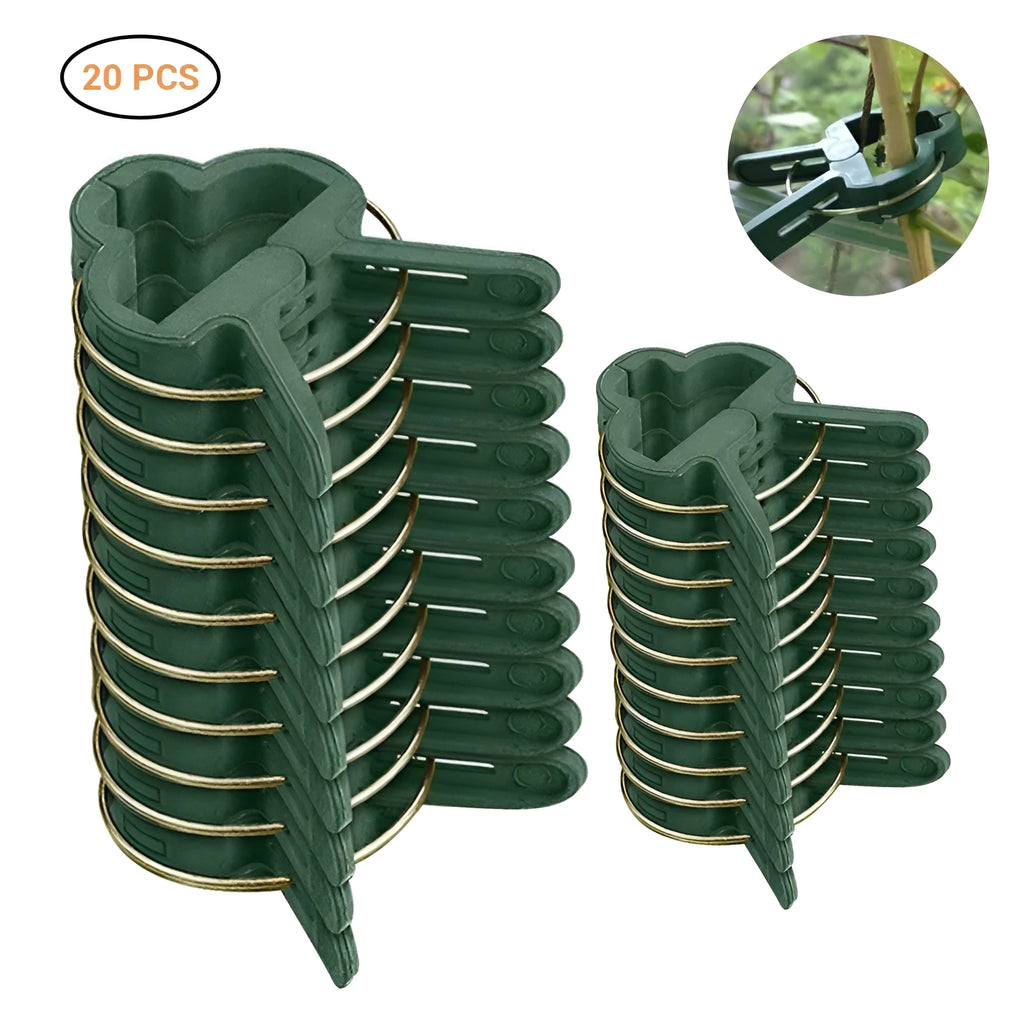 Green plastic and zinc plant fixing clips for supporting climbing garden plants