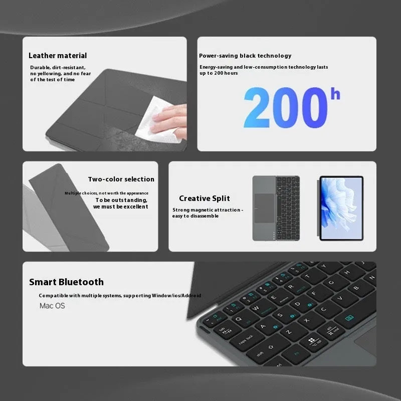 Grey wireless Bluetooth folding keyboard shown both open for use and folded for storage