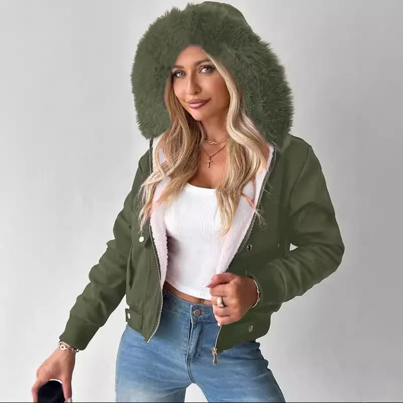 Women's hooded jacket with furry lining, polyester, long sleeve, available in five colours and sizes S-XXL